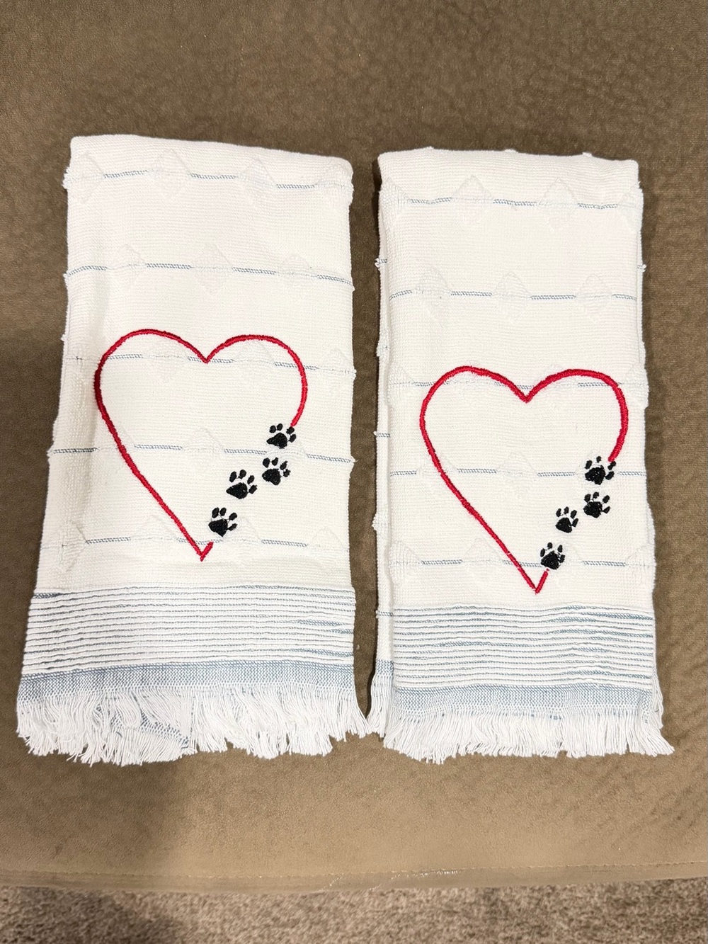 Embroidered Heart & Paw Cotton kitchen Towels - White with Red & Black 16x26 “